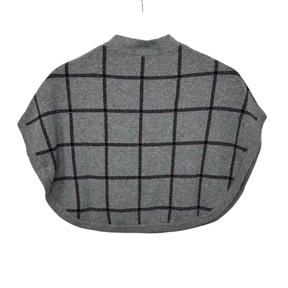 Hope & Henry Sweater Cape Plaid Windowpane Sz Sm Black Grey Organic Cotton Shawl